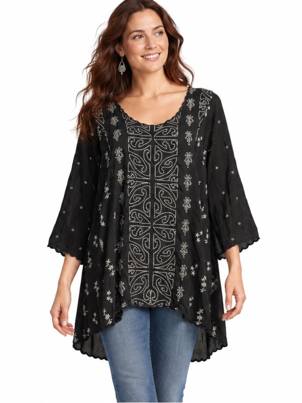 Johnny Was Ridden Embroidered Tunic Small Black Cupra Rayon Bell Sleeve Boho